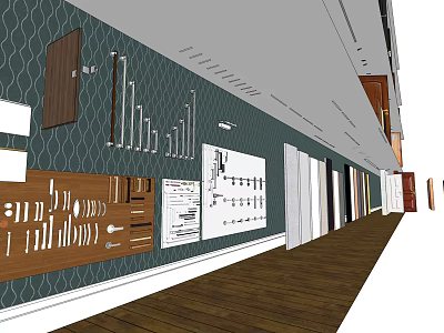 Swing Door Showroom with Dark Green Geometric Wall and Hardware Samples on Wooden Floor 3d model