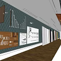 Swing Door Showroom with Dark Green Geometric Wall and Hardware Samples on Wooden Floor