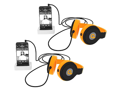 Orange Over Ear Wired Headphone Speakers With Modern Design And Stands 3d model