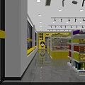 Bright Yellow Retail Store Interior With Shelves Full Of Goods And Checkout Counter