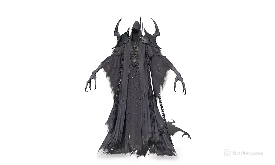Dark Hooded Horned Creature Character With Tattered Robes Chains And Sharp Claws 3d model