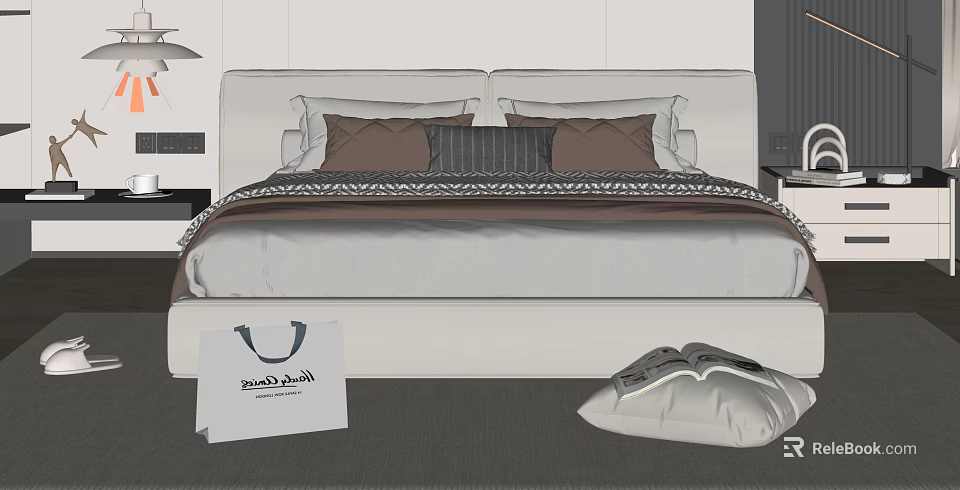 Modern White Double Bed With Brown Gray Pillows Light Bedding And Table Lamp 3d model