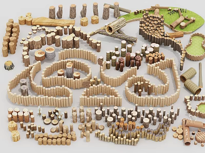 Stone and Wood Craft Materials Including Posts Slices Fences and Blocks for Decorative Models 3d model