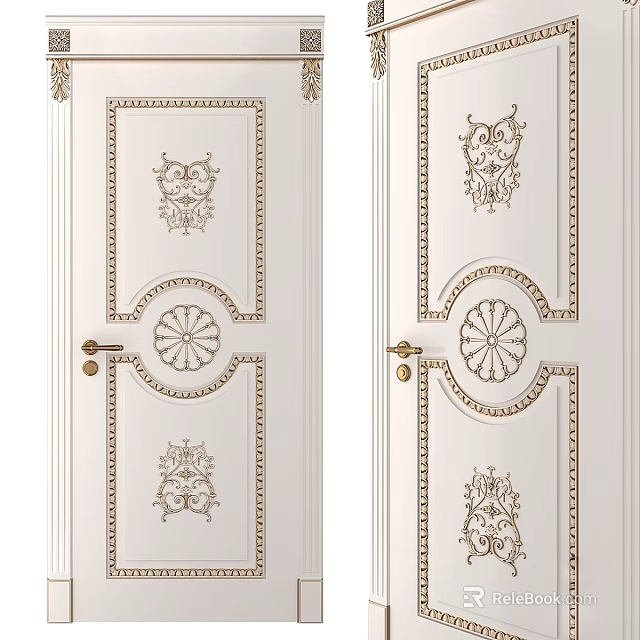 Elegant White Swing Door With Classic Gold Carved Patterns And Decorative Details 3d model 