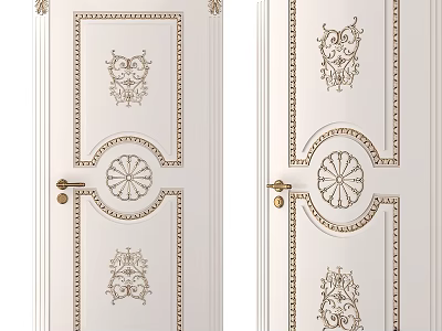 Elegant White Swing Door With Classic Gold Carved Patterns And Decorative Details 3d model