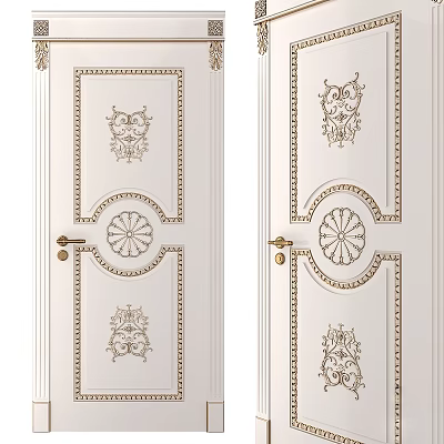Elegant White Swing Door With Classic Gold Carved Patterns And Decorative Details 3d model
