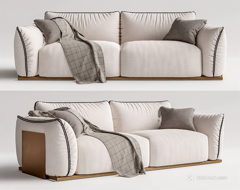 Modern Cream Two Seater Sofa With Grey Pillows Blanket And Wooden Legs 3d model 