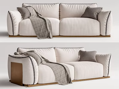 Modern Cream Two Seater Sofa With Grey Pillows Blanket And Wooden Legs 3d model