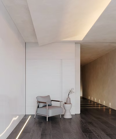 Light Gray Single Sofa In Modern Interior With White Walls White Vase And Soft Lighting 3d model