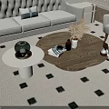 Modern Round Coffee Table with Pampas Grass Magazines and Figurines on Square Pattern Rug 3d model