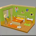 Cozy Bedroom Interior With Green Walls Orange Floor Bed Desk And Shelves
