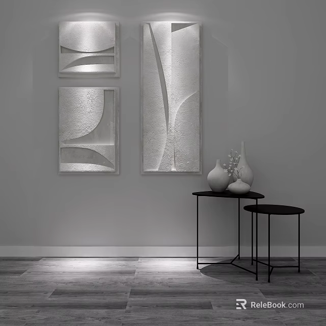 Modern Interior With Geometric Wall Art Black Side Tables And White Vases 3d model