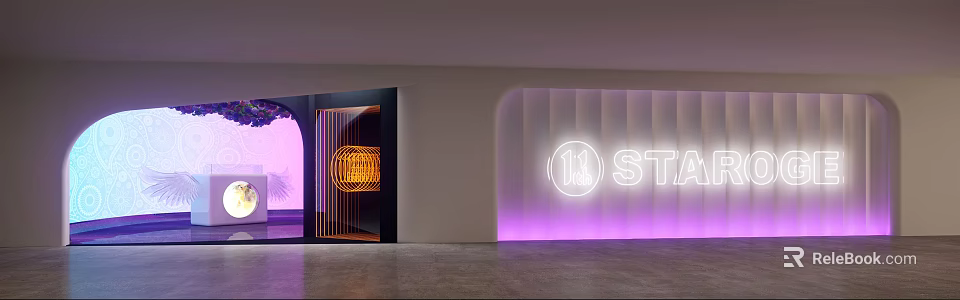 Modern Shopping Mall Store Entrance With Neon Sign Purple Lighting And Orange Decorative Design 3d model 