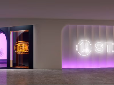 Modern Shopping Mall Store Entrance With Neon Sign Purple Lighting And Orange Decorative Design 3d model