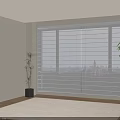 White Slatted Window Blinds In Modern Living Room With Bright City View And Greenery