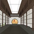 Clubhouse Long Corridor With Wooden Structure Lattice Windows White Walls And Ceiling Lights