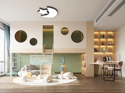 Modern Kids Room With Circular Windows Play Area And Study Nook 3d model