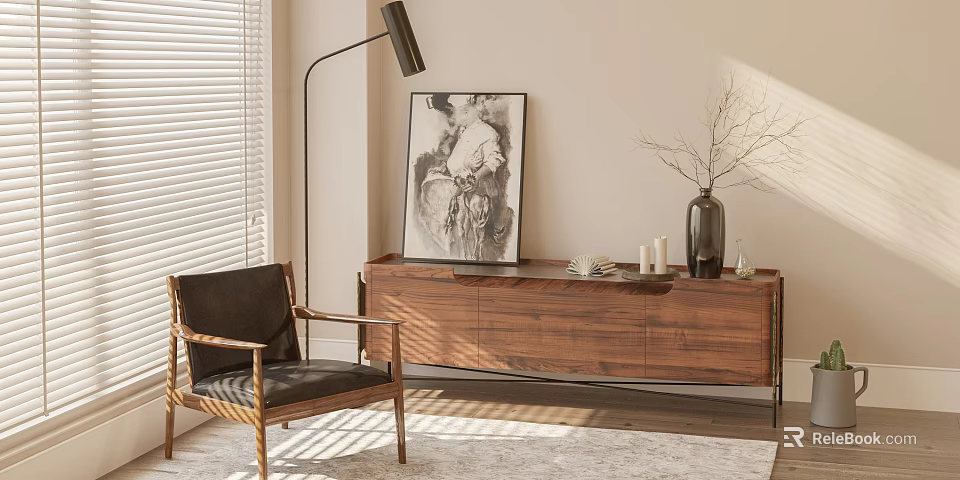 Modern Living Room Walnut Sideboard With Floor Lamp Accent Chair Artwork And Vase 3d model 