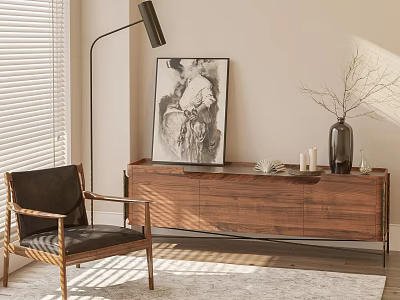 Modern Living Room Walnut Sideboard With Floor Lamp Accent Chair Artwork And Vase 3d model