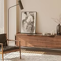 Modern Living Room Walnut Sideboard With Floor Lamp Accent Chair Artwork And Vase