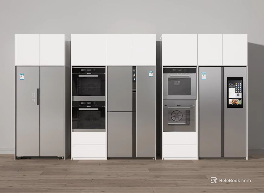 Modern Kitchen Refrigerators and Freezers with White Cabinets and Stainless Steel Design 3d model 
