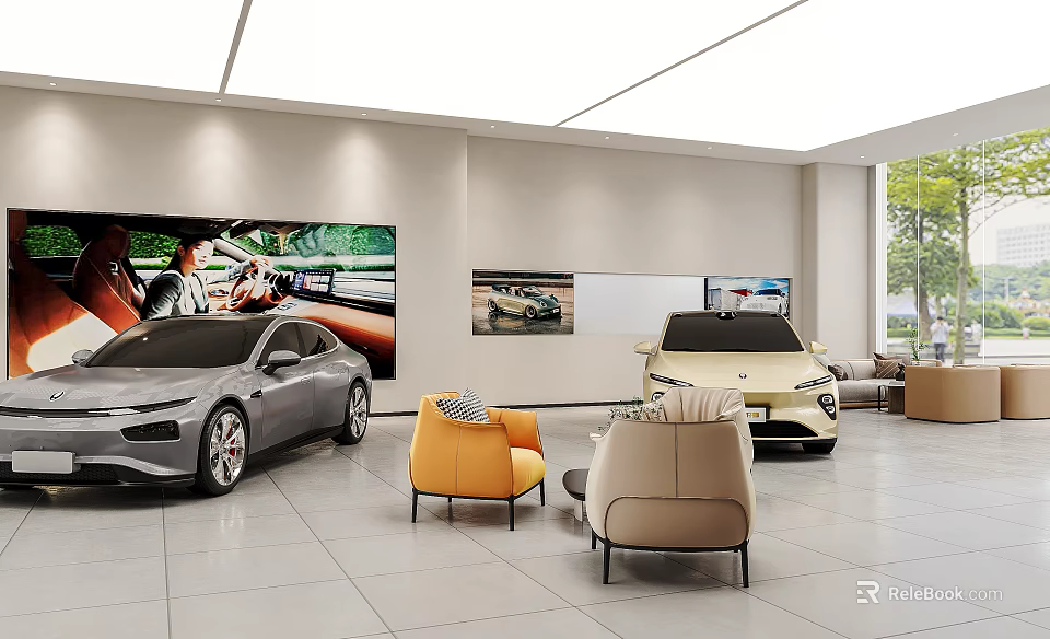 Modern Car Showroom Interior With Two Cars Display Screens And Comfortable Seating 3d model 