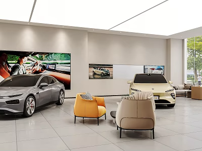Modern Car Showroom Interior With Two Cars Display Screens And Comfortable Seating 3d model