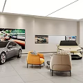 Modern Car Showroom Interior With Two Cars Display Screens And Comfortable Seating