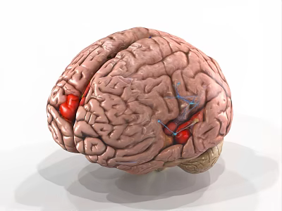Detailed Human Brain Anatomical Model Showing Surface Vessels Red Blue Highlights And Gyri Sulci 3d model