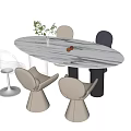 Modern Oval Marble Dining Table And Chairs Set With Vase Flowers And Small Decor Items 3d model