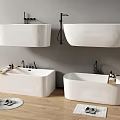 White Modern Bathtubs With Wall Mounted And Freestanding Designs Faucets Slippers On Wooden Floor
