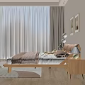 Double Bed With Wooden Frame Upholstered Headboard Nightstands And Decorative Paintings In Cozy Bedroom