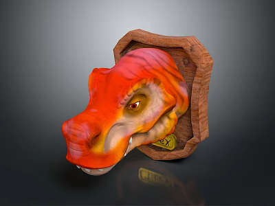 Red Yellow Dinosaur Skull Decorative Piece With Wooden Frame And Detailed Eye 3d model