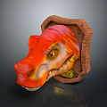 Red Yellow Dinosaur Skull Decorative Piece With Wooden Frame And Detailed Eye