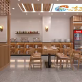 Modern Restaurant Interior With Wooden Dining Tables Chairs Lighting And Beverage Fridge