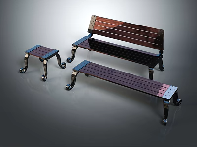 Three Piece Outdoor Bench Set With Wooden Seats And Backrests And Metal Frames For Garden 3d model