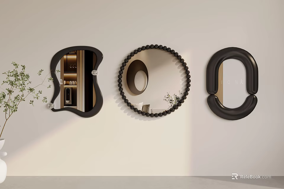 Modern Decorative Mirrors in Various Shapes with Black Frames Hanging on Beige Wall 3d model 