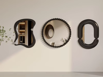 Modern Decorative Mirrors in Various Shapes with Black Frames Hanging on Beige Wall 3d model