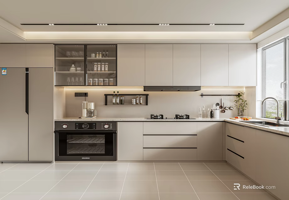 Modern Kitchen Interior With Gray Cabinets Glass Door Storage Oven Refrigerator And Tile Floor 3d model 