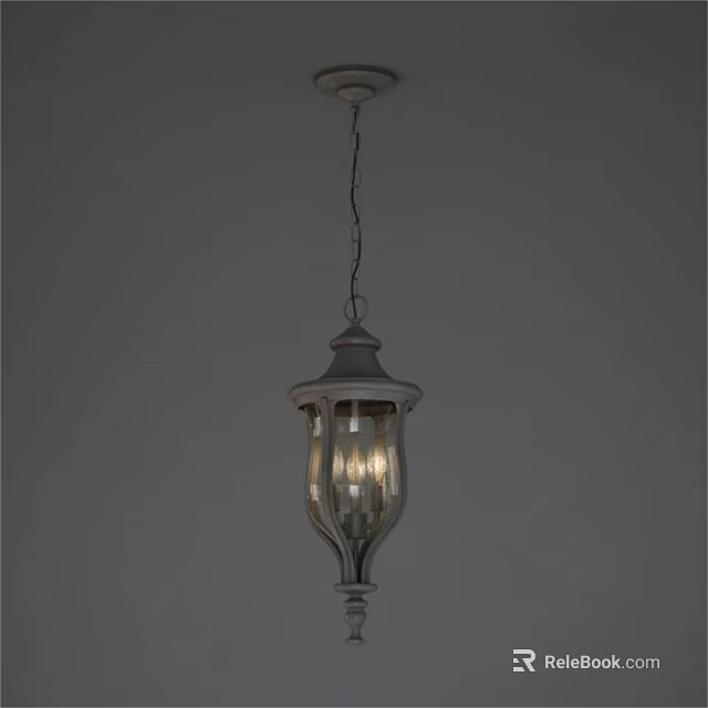 Vintage White Wooden Lantern Style Chandelier Hanging From Chain With Glass Shade And Illuminated Design 3d model 