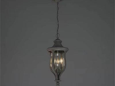 Vintage White Wooden Lantern Style Chandelier Hanging From Chain With Glass Shade And Illuminated Design 3d model