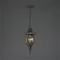 Vintage White Wooden Lantern Style Chandelier Hanging From Chain With Glass Shade And Illuminated Design