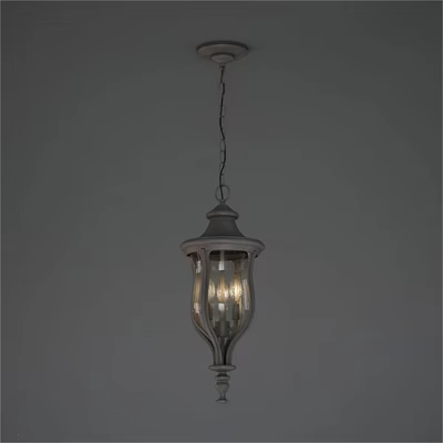 Vintage White Wooden Lantern Style Chandelier Hanging From Chain With Glass Shade And Illuminated Design 3d model