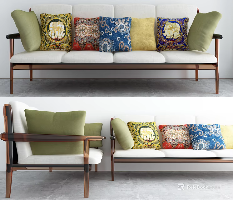 Multi Seater Sofa With Wooden Frame And Colorful Patterned Cushions 3d model