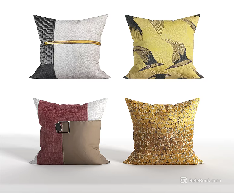 Decorative Throw Pillows With Geometric Leaf Patchwork And Golden Floral Patterns 3d model