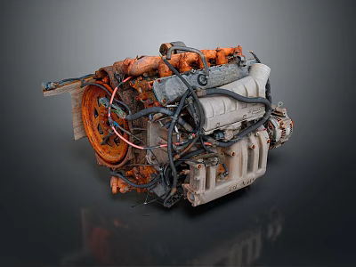 Vintage Mechanical Engine Featuring Orange Gray Components Wires And Metal Structure 3d model