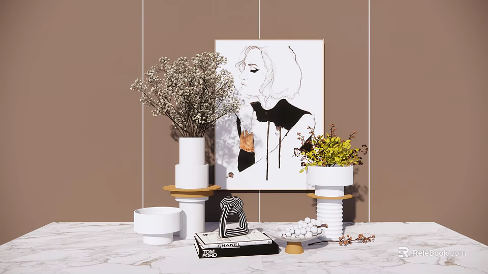 Elegant Decorative Ornament Set With Portrait Painting Vase Green Plants And Books On Marble Tabletop 3d model 