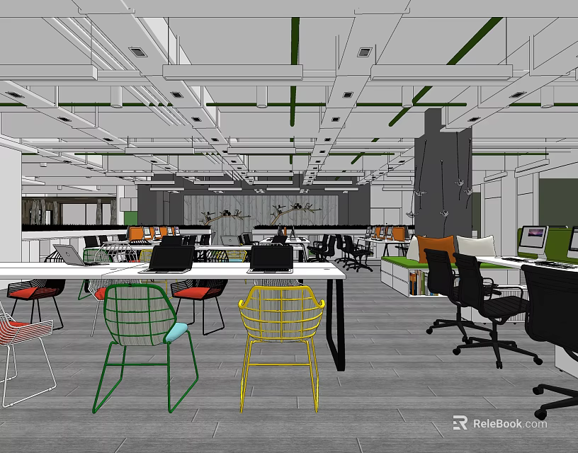 Modern Open Plan Public Office Space With Colorful Chairs Desks And Computers 3d model