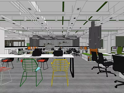 Modern Open Plan Public Office Space With Colorful Chairs Desks And Computers 3d model
