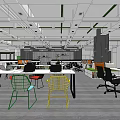 Modern Open Plan Public Office Space With Colorful Chairs Desks And Computers 3d model